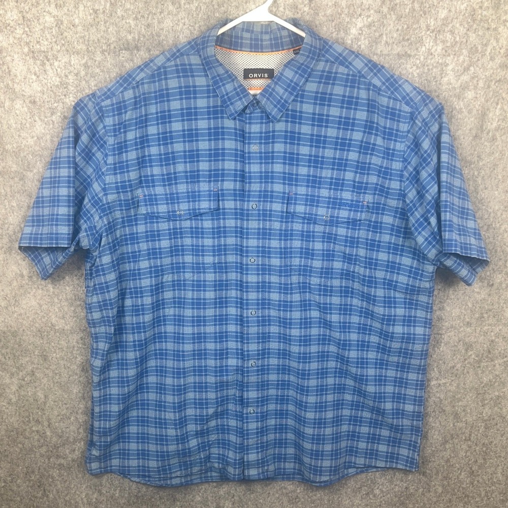 Orvis Mens XXL Blue Plaid Active Fit Short Sleeve Button Down Fishing Shirt